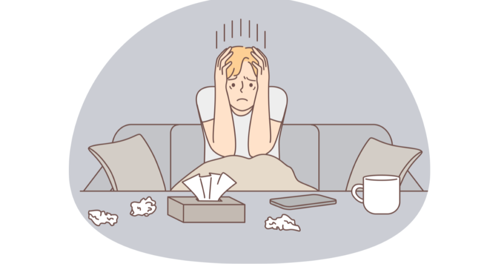 頭を抱えて悩んでいる人のイラスト